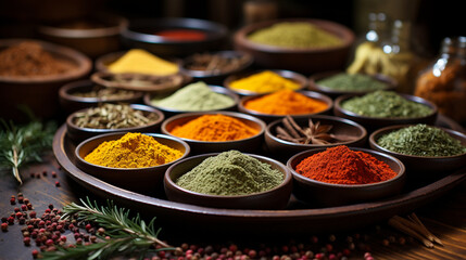 Herbs and spices: A collection of aromatic herbs and spices, highlighting flavor-rich, low-sodium seasoning alternatives - obrazy, fototapety, plakaty