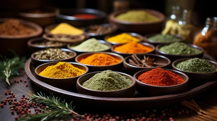 Fotobehang Herbs and spices: A collection of aromatic herbs and spices, highlighting flavor-rich, low-sodium seasoning alternatives © Наталья Евтехова