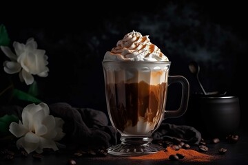 Coffee with whipped cream in a glass on a bright background, Beautiful latte coffee with delicious whipped cream