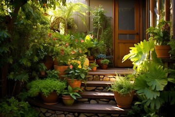 Fototapeta na wymiar Backyard plants by the door steps. Generative AI