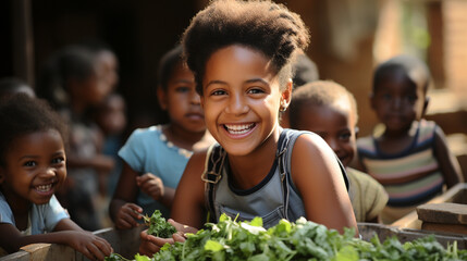 Kids and nutrition: A group of children happily engaged in a hands-on nutrition workshop, promoting healthy eating habits from a young age
