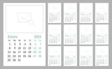 12 month calendar in Spanish for 2024. Set of 12 months. Wall calendar.