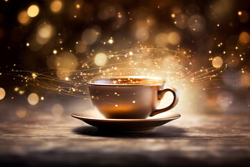 A cup of hot drink with steam against golden bokeh background