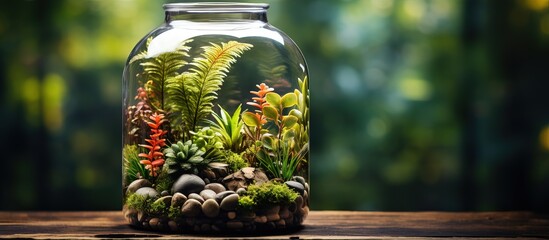 Plants in terrarium bottle on table