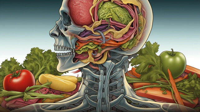 Nutrient absorption: A medical illustration depicting the digestive system's role in nutrient absorption, explaining the body's utilization of food