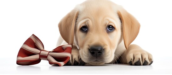 Labrador puppy wearing bow and resting