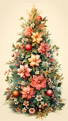 Hand drawn cartoon illustration of Christmas tree decorated with flowers

