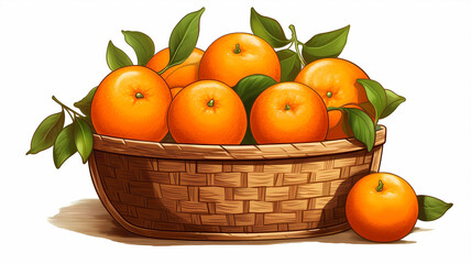 Hand drawn cartoon illustration of a basket of fresh oranges
