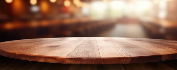 Obraz premium Wooden Round Table And Pub Or Bar Blur Background