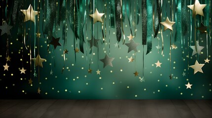 Festive light green Background of shiny Stars and Decoration. Template for Holidays and Celebrations