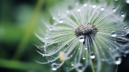 A close-up of a dandelion seed, covered in dew and reflecting its surroundings.