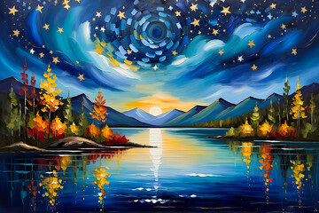 Starry Night Sky Over Quiet Lake Serene Nighttime Scene