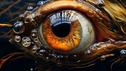 A close-up of a fish's eye, capturing reflections of its watery world.
