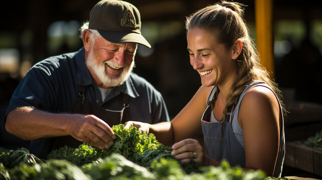Farmers at work: A scene from a bustling farmers' market, illustrating the connection between local agriculture and fresh, healthy produce