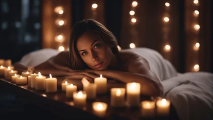 Papier Peint photo Lavable Spa Portrait of young woman at spa in dark light with candles and lights , massage and relax concept