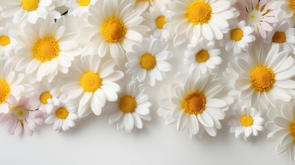 a group of white and yellow flowers on a white surface.  generative ai