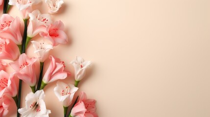  a bunch of pink and white flowers on a beige background. generative ai