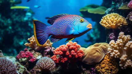 Fototapeta na wymiar A colorful wrasse darting among the vibrant corals of a tropical reef.