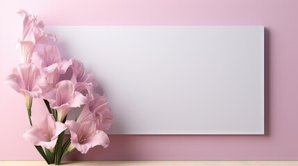  a vase with pink flowers and a blank sign on a pink wall.  generative ai