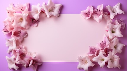  pink flowers on a purple background with a white sheet of paper.  generative ai