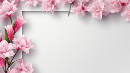  a white square frame with pink flowers on a white background.  generative ai