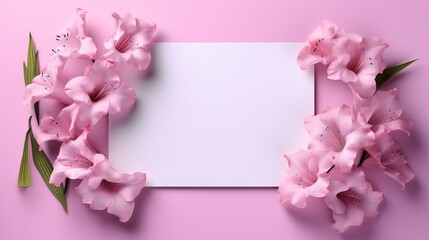 Naklejka na ściany i meble pink flowers on a pink background with a white card in the middle. generative ai