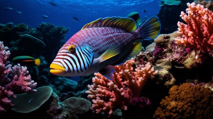 Fototapeta na wymiar A colorful wrasse darting among the vibrant corals of a tropical reef.