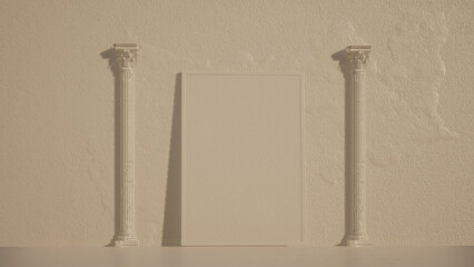 Modellazione e rendering 3d di una parete con quadro in un ambiente bianco con colonne antiche - obrazy, fototapety, plakaty
