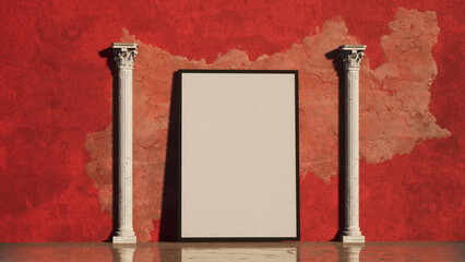 Modellazione e rendering 3d di una parete con quadro in un ambiente colorato con colonne antiche
