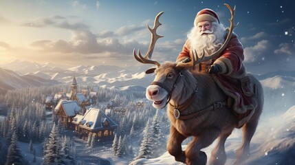 A man with a white beard, Santa Claus flies across the sky in a sleigh and with reindeer. Festive character symbol of Christmas and New Year. Good-natured active old man - obrazy, fototapety, plakaty