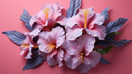  a bouquet of pink flowers on a pink background with leaves.  generative ai
