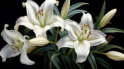  a painting of white lilies with green leaves on a black background.  generative ai