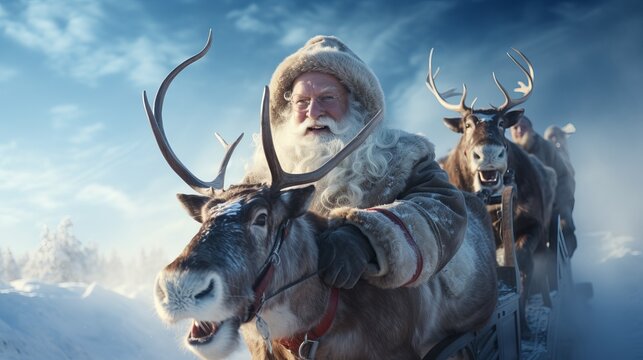 A man with a white beard, Santa Claus flies across the sky in a sleigh and with reindeer. Festive character symbol of Christmas and New Year. Good-natured active old man