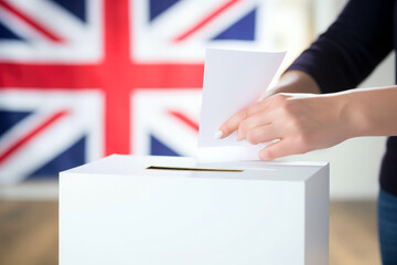 A citizen's hand places a ballot paper into the ballot box with the British flag as the backdrop, representing the democratic parliamentary elections in the United Kingdom