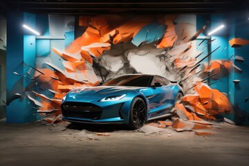 A three dimensional sports car leaving the canvas of a painting.