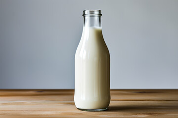 a bottle of milk on a wooden table
