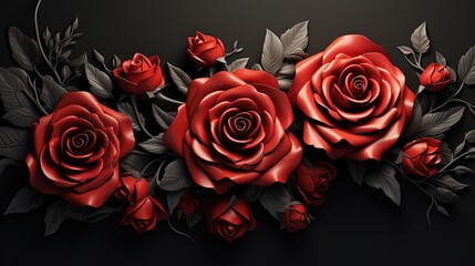  a bunch of red roses with leaves on a black background.  generative ai