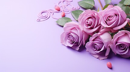  a bouquet of pink roses on a purple background with leaves.  generative ai