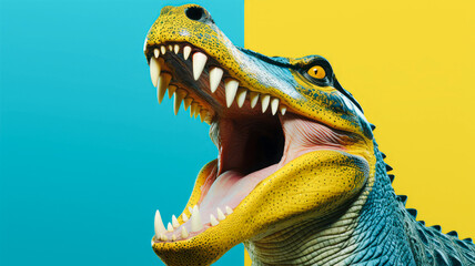 A crocodile with its jaws wide open in vivid colors. Perfect for advertising and announcements. A spacious text banner is located on the left side.