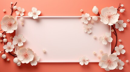  a pink background with white flowers and a white square frame.  generative ai