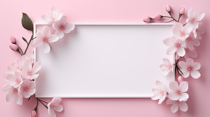  a white square frame with pink flowers on a pink background.  generative ai