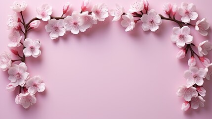  a pink background with white and pink flowers on the branches.  generative ai