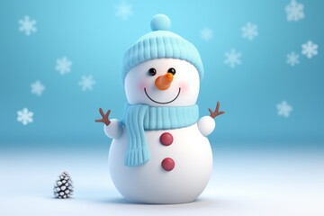 Cute snowman in a hat and scarf. 3d render illustration