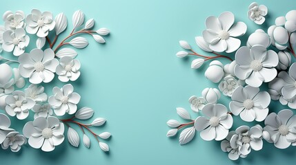  two white flowers on a blue background with a red stem.  generative ai