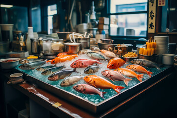 japan fish on wooden board in the kitchen