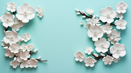  two white flowers on a blue background with one flower in the middle.  generative ai
