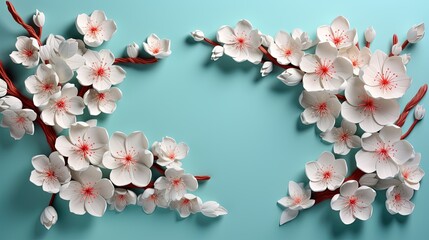  a bunch of white flowers with red centers on a blue background.  generative ai