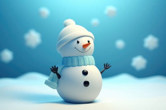 Cute snowman in a hat and scarf. 3d render illustration