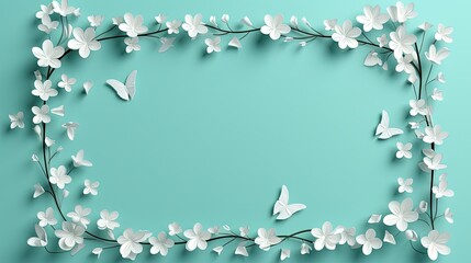  a frame made out of paper with white flowers and butterflies.  generative ai