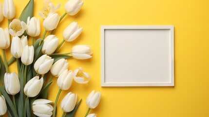  a picture frame and a bouquet of white tulips.  generative ai
